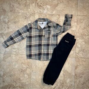 Timberland 100% Cotton Boys 4T Set Plaid Shirt with Black Pants Kids Fall Winter